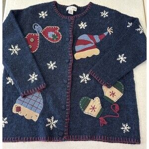 Croft & Barrow Sweater Womens Blue Mittens Snowflakes Knit Holiday Winter 1X